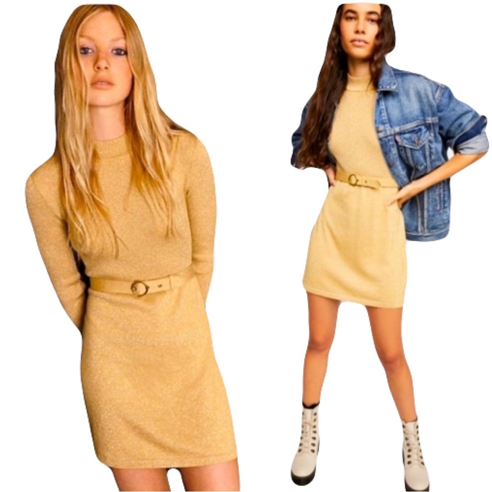 NWOT Free People Gold Ribbed Belted Mini Dress